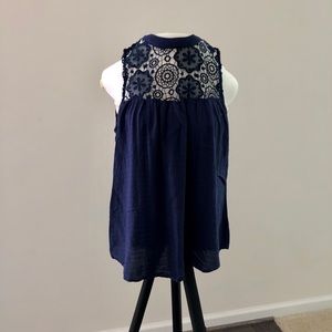 Navy Blue Sleeveless Highneck Top with Lace Detail